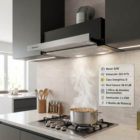 Coifa telescópica Orbegozo | 65 W | Iluminação LED | Extração de fumaça | 60 x 28,3-45,3 x 21,5 cm
