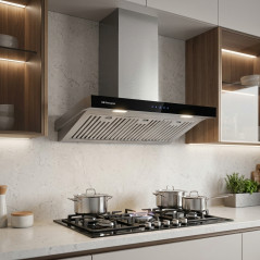  Cappa decorativa con frontale in vetro temperato Orbegozo.  Classe energetica A. Camino regolabile.  Motore da 230 W.
