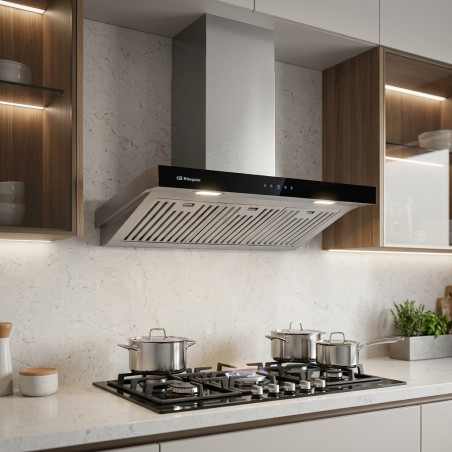  Cappa decorativa con frontale in vetro temperato Orbegozo.  Classe energetica A. Camino regolabile.  Motore da 230 W.
