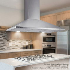 Campana Decorativa Inox Orbegozo, Motor 70W, Clase Energética D, 3 Niveles de Potencia, 3 Filtros, Ancho 90 cm