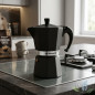 Cafeteira de alumínio preta | Cafeteira italiana de 6 xícaras para indução | Máquina de expresso | Adequada para todos os tipos