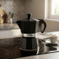 Caffettiera in alluminio nero | Caffettiera italiana da 3 tazze | Macchina per espresso | Adatta a piani cottura a gas, in vetro