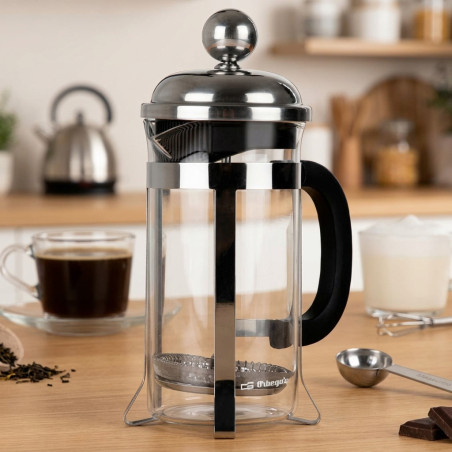 Französische Plunger-Kaffeemaschine aus Orbegozo-Borosilikatglas.  Fassungsvermögen 350ml.