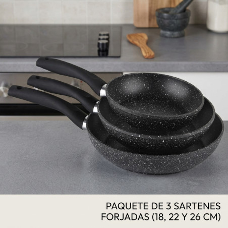 Conjunto de 3 frigideiras de alumínio forjado 18, 22 e 26 cm, revestimento antiaderente em pedra, frigideira antiaderente