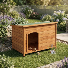 Casinha de cachorro de madeira média, 104x70x66 cm, telhado plano, casinha de cachorro de madeira, média