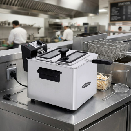 Friggitrice professionale in acciaio inossidabile Orbegozo. Capacità 8 L. Termostato regolabile. Potenza 3.000 W
