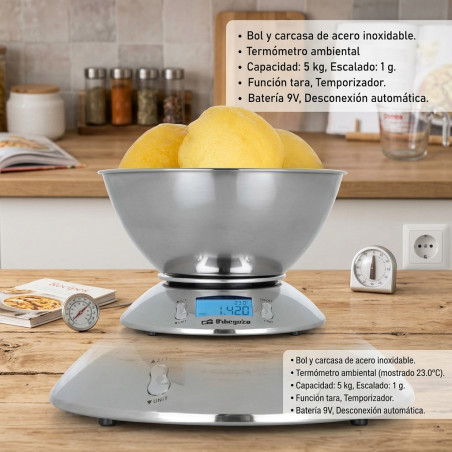 Balança de cozinha eletrônica, tigela e corpo de aço inoxidável, LCD, até 5 kg, balança de 1 g, balança de cozinha
