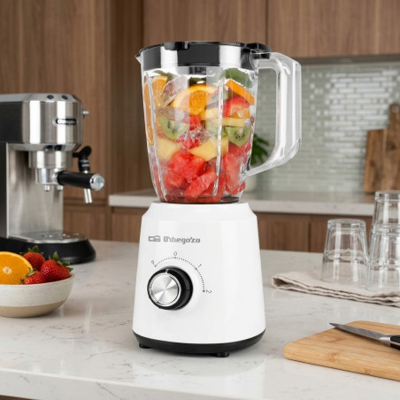 Orbegozo glass blender.  Capacity 1.5 liters.  4 stainless steel blade.  2 speeds + Turbo.  Power: 500W.