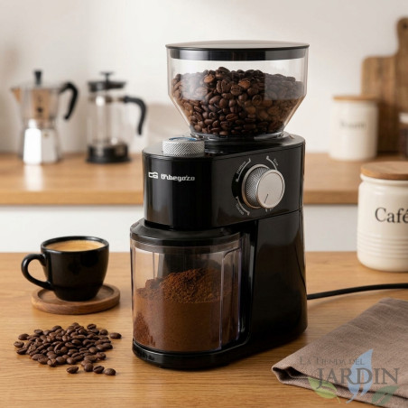 Orbegozo Kaffeemühle.  Leistung 200 W. Schleifer durch Radsystem.  Progressiver Mahlgradwähler.
