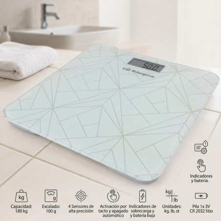Orbegozo elektronische Personenwaage. Weiße Oberfläche aus gehärtetem Glas. Max. Kapazität: 180 kg. Abmessungen: 29 x 28 x 2