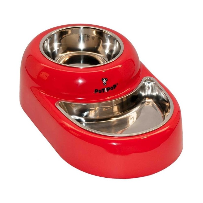 Comedero doble para perros en acero inoxidable, antideslizante, Rojo. Petipop de 350 y 380 ml, 35x21x10 cm