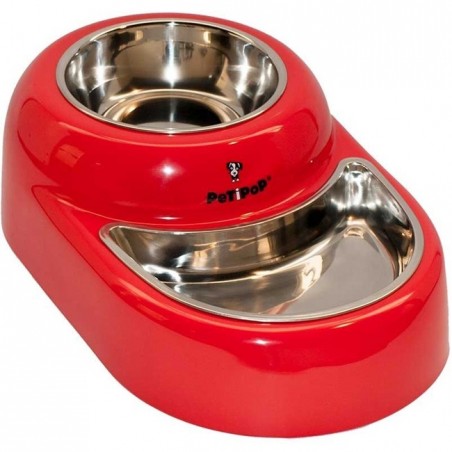 Comedero doble para perros en acero inoxidable, antideslizante, Rojo. Petipop de 350 y 380 ml, 35x21x10 cm