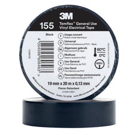 3M Schwarzes PVC-Isolierband 19 mm x 20 m | Universelles Elektroisolierband 600 V | Kabelisolierung und -schutz
