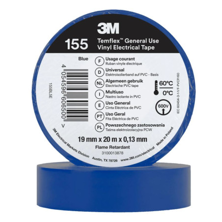 3M Blue PVC Insulating Tape 19mm x 20m | Universal Electrical Tape 600V | Cable Insulation and Protection
