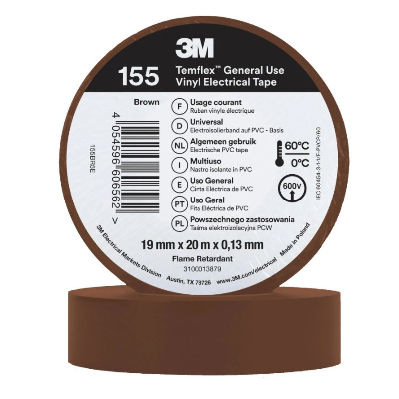Cinta Aislante Marron PVC 3M 19mm x 20m | Cinta Eléctrica Universal 600V | Aislamiento y Protección de Cables