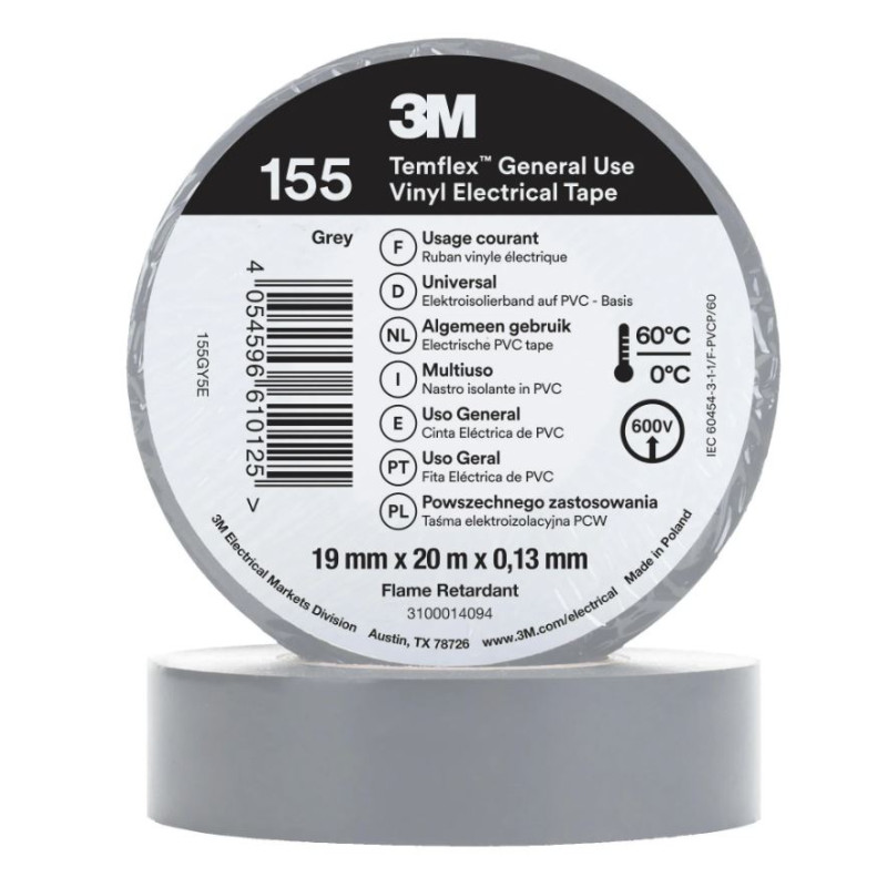 Cinta Aislante Gris PVC 3M 19mm x 20m | Cinta Eléctrica Universal 600V | Aislamiento y Protección de Cables