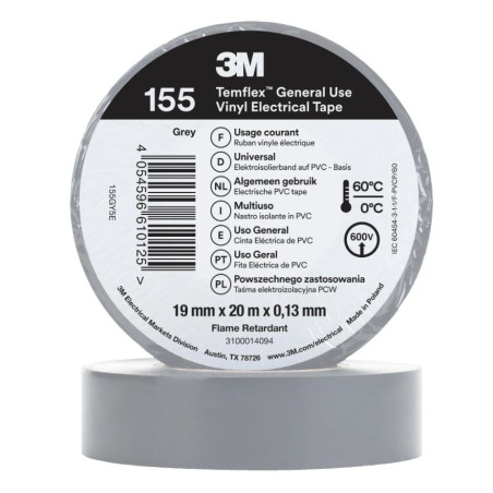 3M Graues PVC-Isolierband 19 mm x 20 m | Universelles Elektroisolierband 600 V | Kabelisolierung und -schutz