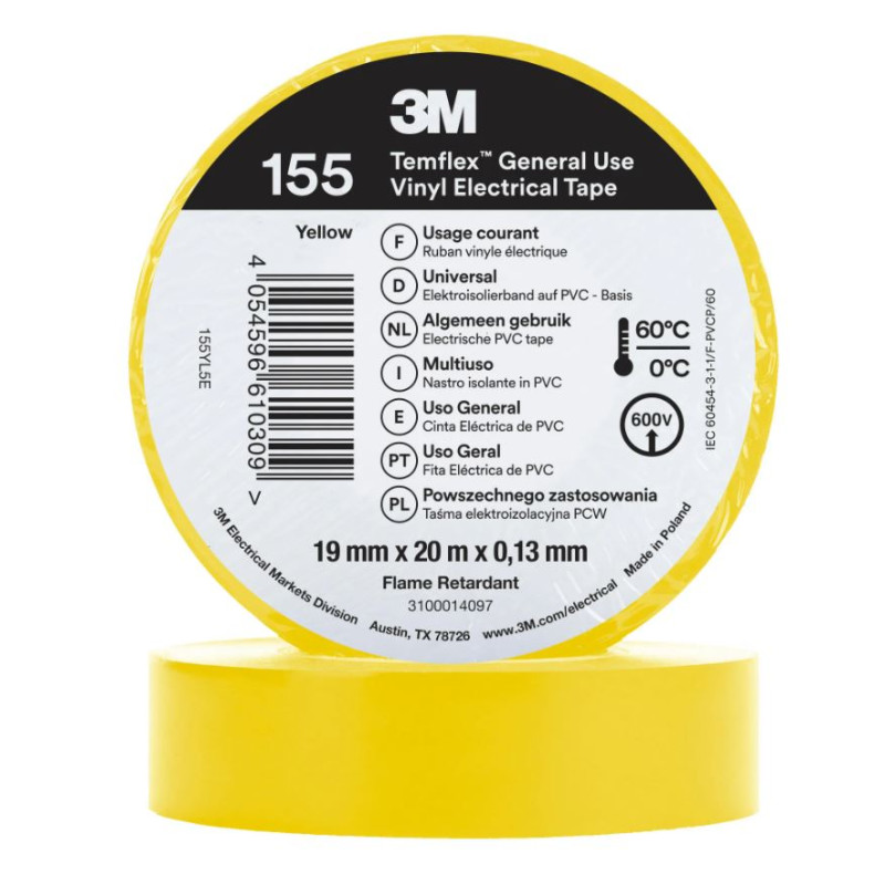 Pack 5 Cinta Aislante Amarillo PVC 3M 19mm x 20m | Cinta Eléctrica Universal 600V | Protección de Cables