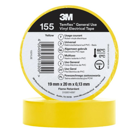 Lot de 5 rouleaux de ruban isolant PVC jaune 3M, 19 mm x 20 m | Ruban isolant universel 600 V | Protection des câbles