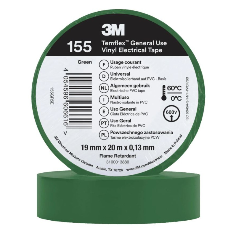 Fita isolante de PVC verde 3M 19mm x 20m | Fita elétrica universal 600V | Isolamento e proteção de cabos