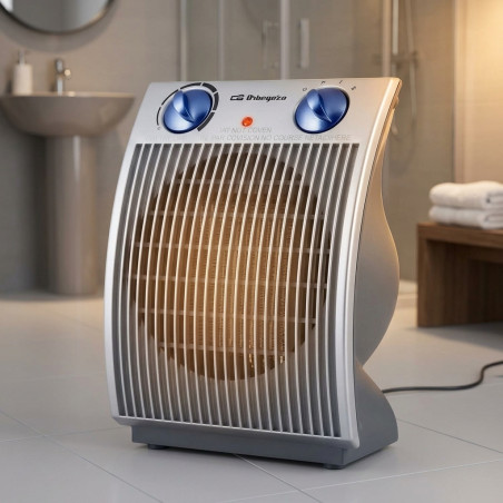 Vertikale Heizung von Orbegozo. Zwei Leistungsstufen: 1100W-2200W. Fan-Position. Thermostat mit progressiver Einstellung.
