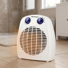 Riscaldatore compatto Orbegozo. Potenza massima 2000W. Due livelli di calore. Temperatura regolabile tramite termostato.