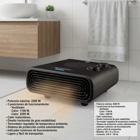 Aquecedor horizontal Orbegozo 2200W | Função ventilador | Termostato ajustável | Aquecedor de piso para banheiro e casa
