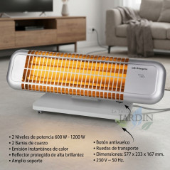 Estufa de cuarzo Orbegozo, 2 potencias 1200W, 2 Barras, Seguridad antivuelco, Estufa radiador calefactor halógeno
