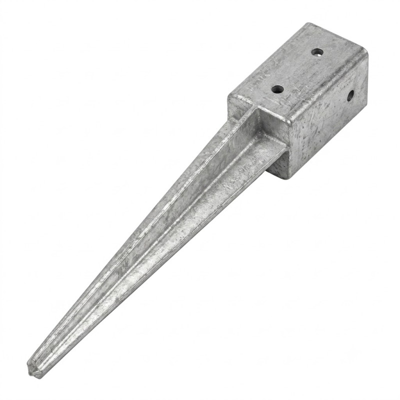Piquet d'angrage carré métallique 7 x 7 cm, base de 65 cm, idéaux pour poteaux en bois, gris