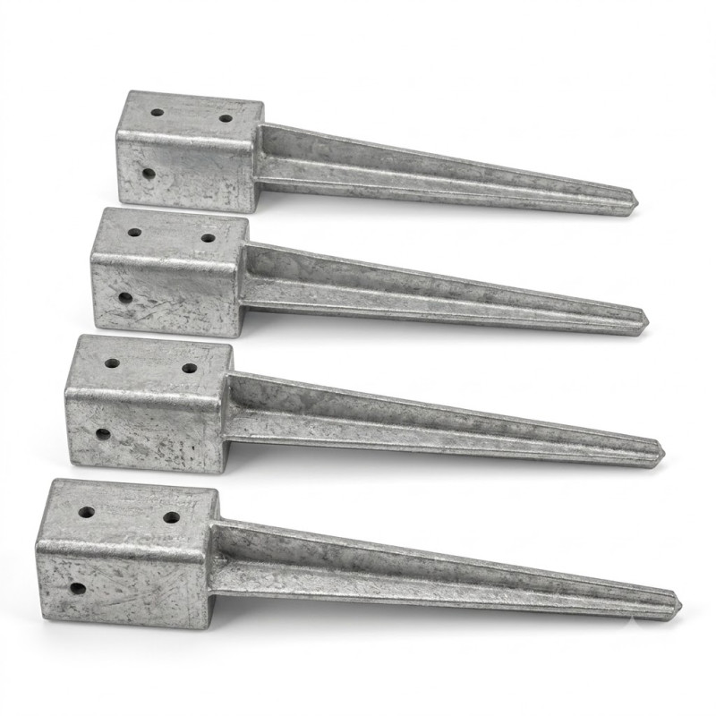 4 Stück Metallpflock quadratisch 7x7x65 cm zur Befestigung von Strukturen und Pfosten, grau