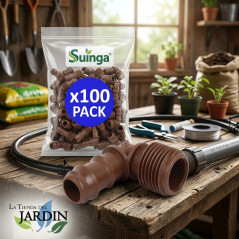 Packung mit 100 gemischten Winkelstücken für Tropfbewässerungsbänder | 16 mm x 3/4"-Anschluss | Mit Sicherheitsringen | Braun