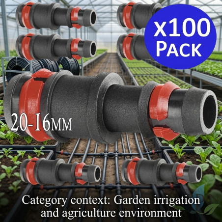 Pack 100 Enlace Riego por Goteo 20mm a 16mm Anilla de Seguridad| Manguito conector riego tuberia 16 mm a tuberia 20 mm