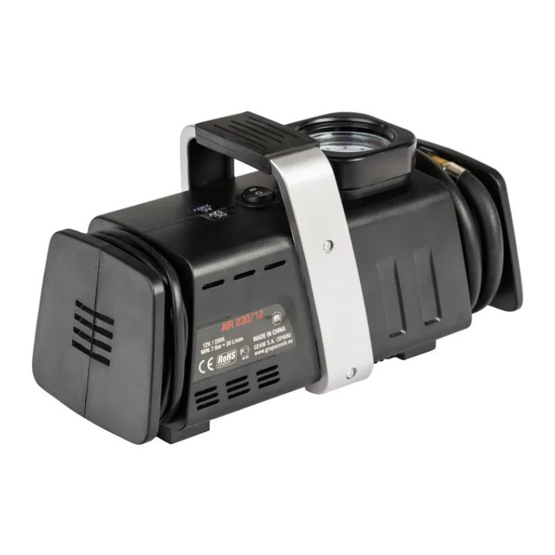 Mini compressor de ar portátil 98W 12V e 230V | Pressão de 7 bar | Mangueira de 60 cm e 2 bicos