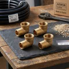 Pack 4 Codo latón Macho Hembra 1 1/4'' | Accesorio laton Aenor | Codo roscado 1 1/4'' | Unión Tubos Riego | Conector Latón