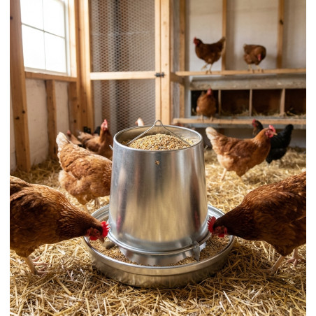 Mangeoire à poules en métal | 5 kg | Sans pieds | 33 x 25 cm | Tôle galvanisée | Compacte | Durable | Usage extérieur