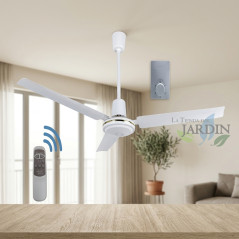 Ventilateur de plafond avec télecommande 120 cm 65W,  Programmable, Silencieux, sans lumière, blanc
