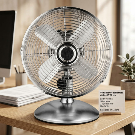 Ventilateur de Bureau, Ventilateur de table silencieux 30 cm, 230V, Métal, Argent
