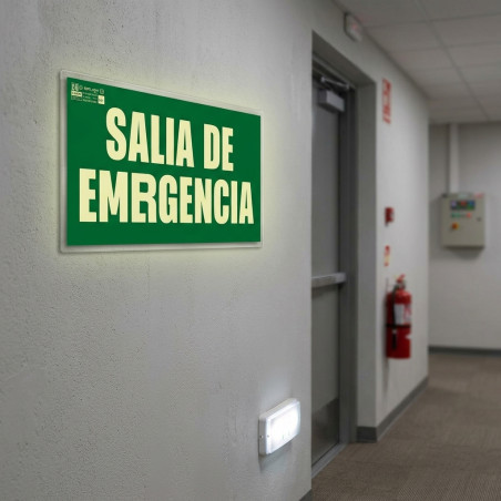 Panneau de sortie de secours 16 x 32 cm | Signalétique fluorescente | Homologué AENOR