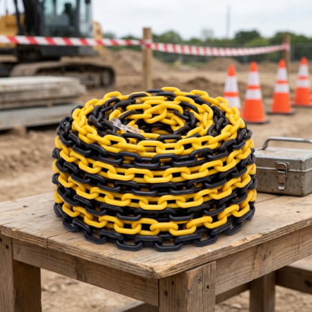 Chaîne jaune et noire 25 m | Polyéthylène 60 x 25 mm | Maillons de 8 mm | Protection UV | Homologuée