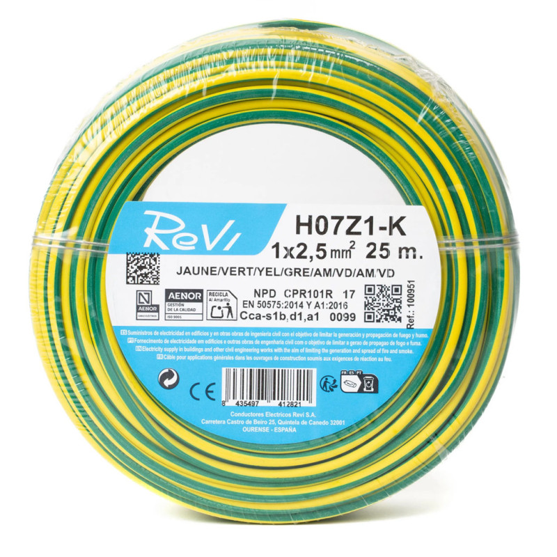 Cabo elétrico livre de halogênio 2,5 mm² Verde/Amarelo 25 m | Fio de PVC H07Z1-K | Cabo elétrico