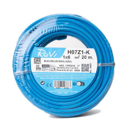 Halogenfreies Elektrokabel 6 mm² Blau 20 m | Flexibles PVC-Kabel H07Z1-K | Elektrokabel