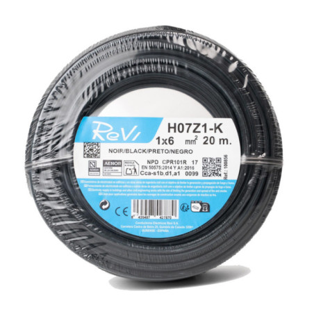Cabo elétrico livre de halogênio, 6 mm², preto, 20 m | Fio de PVC H07Z1-K | Cabo elétrico