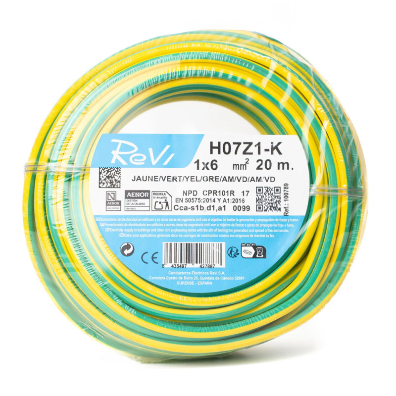Câble électrique sans halogène 6 mm² vert/jaune 20 m | Fil PVC H07Z1-K | Câble électrique
