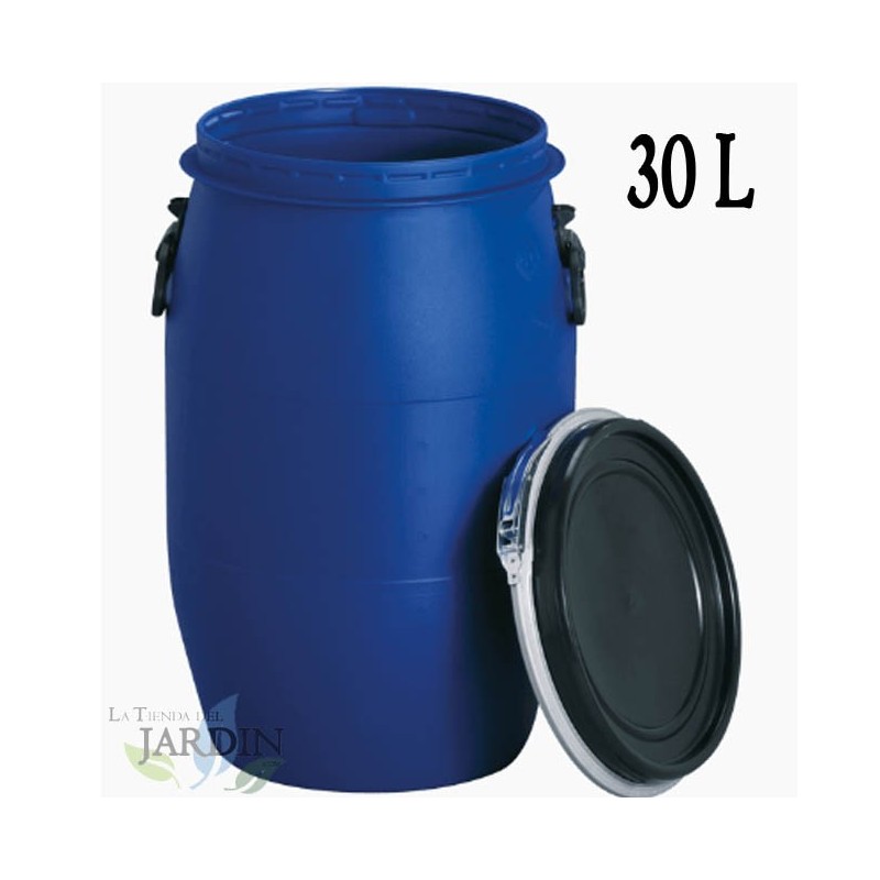 Fut Bidon Alimentaire 30 litres, Ouverture Totale, Baril polyéthylène alimentaire bleu, 60 x 98 cm