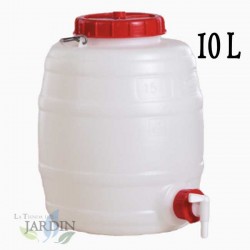 Fût Bidon 10 litres en polyéthylène alimentaire pour liquides et boissons, avec robinet, incolore, 24x32 cm