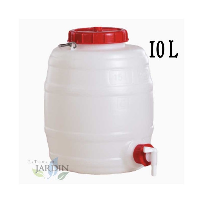 Fût Bidon 10 litres en polyéthylène alimentaire pour liquides et boissons, avec robinet, incolore, 24x32 cm