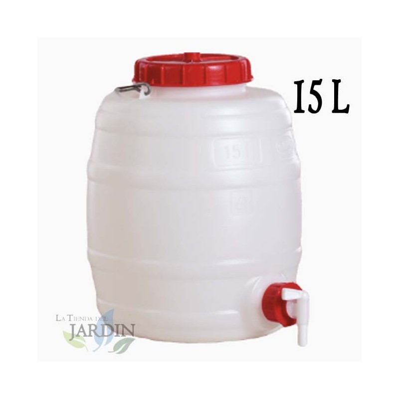 Fût Bidon 15 litres en polyéthylène alimentaire pour liquides et boissons, avec robinet, incolore, 30x35 cm