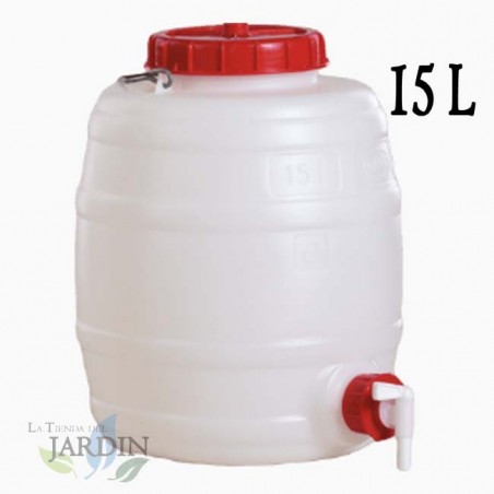 Fût Bidon 15 litres en polyéthylène alimentaire pour liquides et boissons, avec robinet, incolore, 30x35 cm