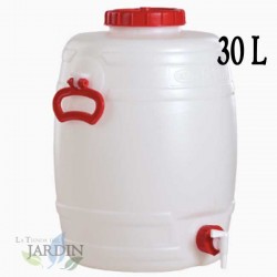 Fût Bidon 30 litres en polyéthylène alimentaire pour liquides et boissons, avec robinet, incolore, 33x47 cm