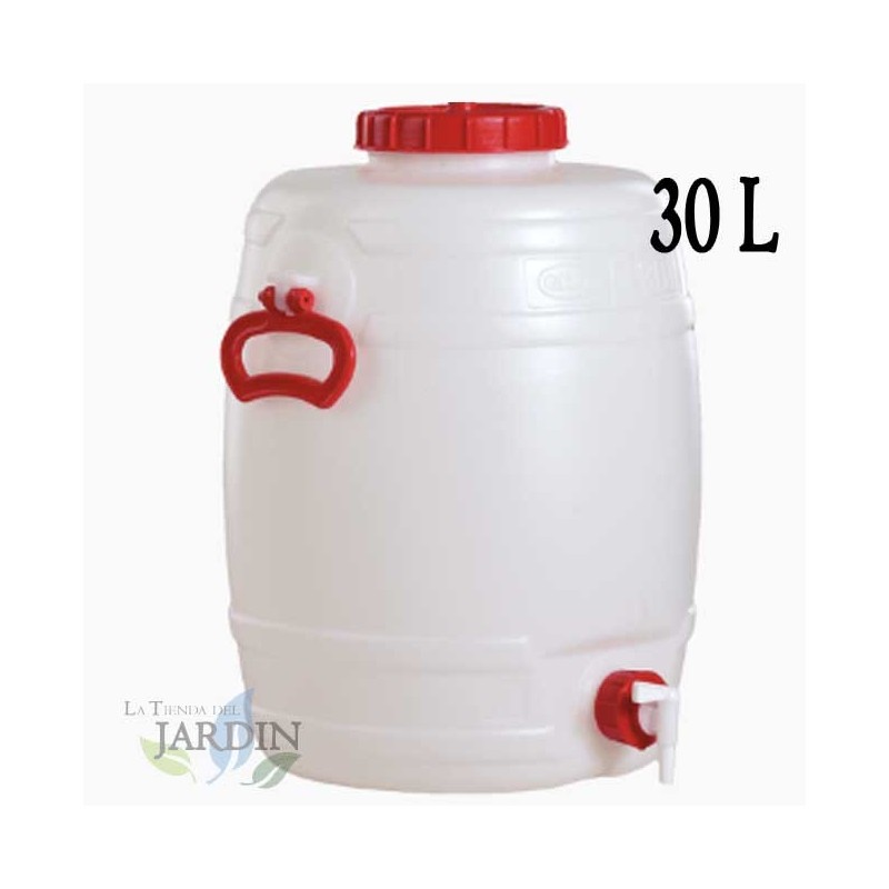 Fût Bidon 30 litres en polyéthylène alimentaire pour liquides et boissons, avec robinet, incolore, 33x47 cm